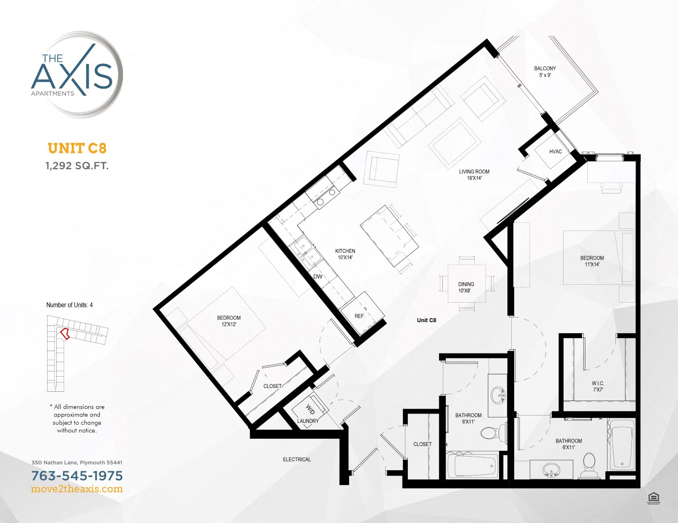 Floor plan for 2 beds, 2 baths, 1292 sqft